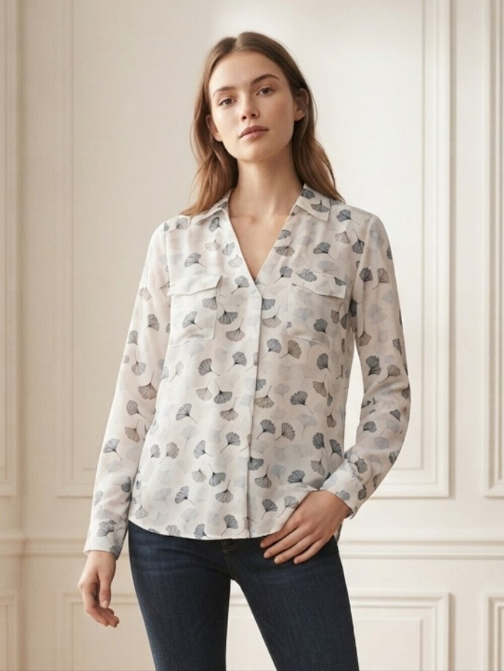 41 Hawthorne Blue + Gray Ginko Leaf Pattern Split Neck Design Blouse